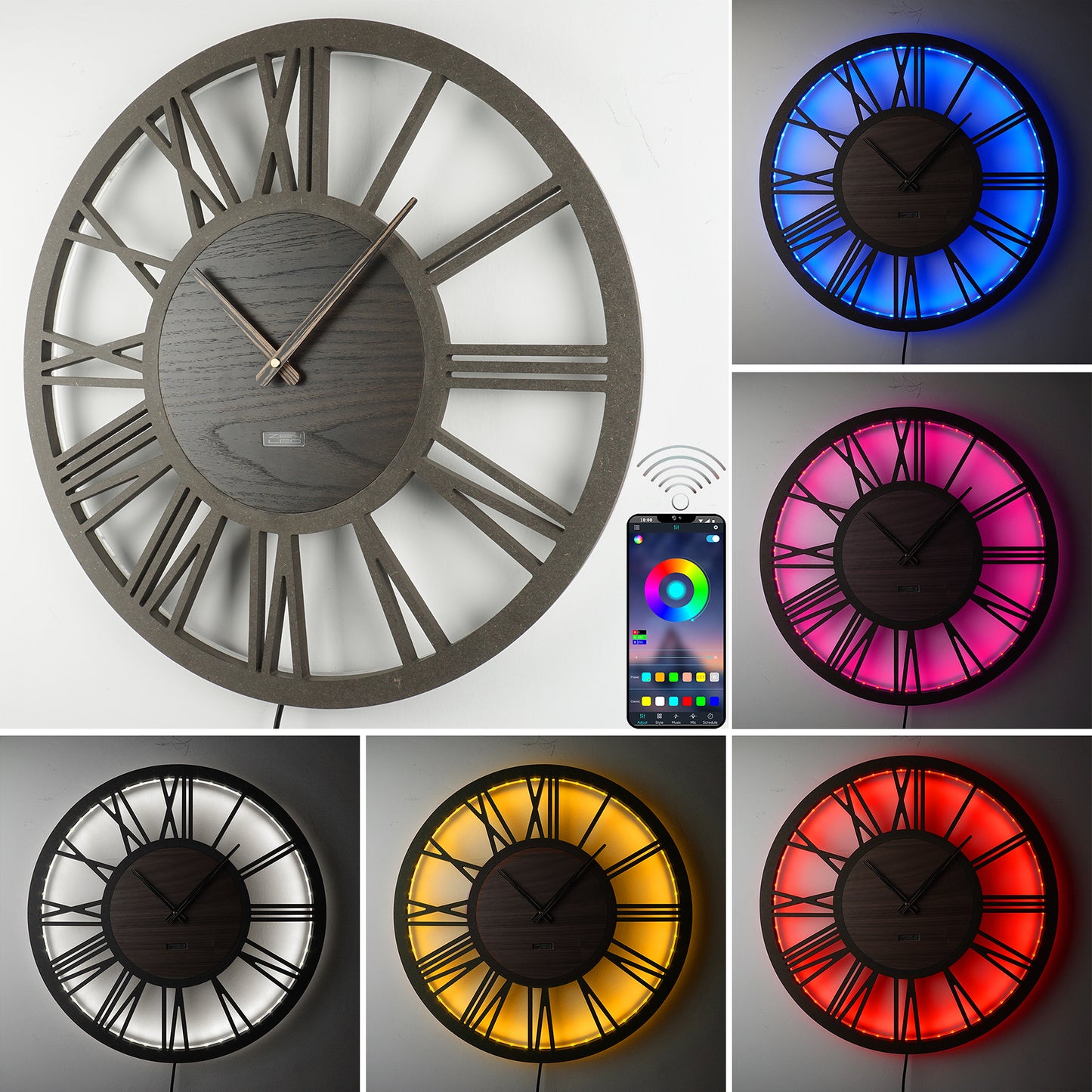 LED Wanduhr ROMA HOLZ | Rund Ø50cm und Ø70cm | großes Zifferblatt mit römischen Zahlen in 3D-Effekt hinterleuchtet | mit bunten RGBs per APP Bluetooth Fernbedienung | lautlos | Steampunk Vintage