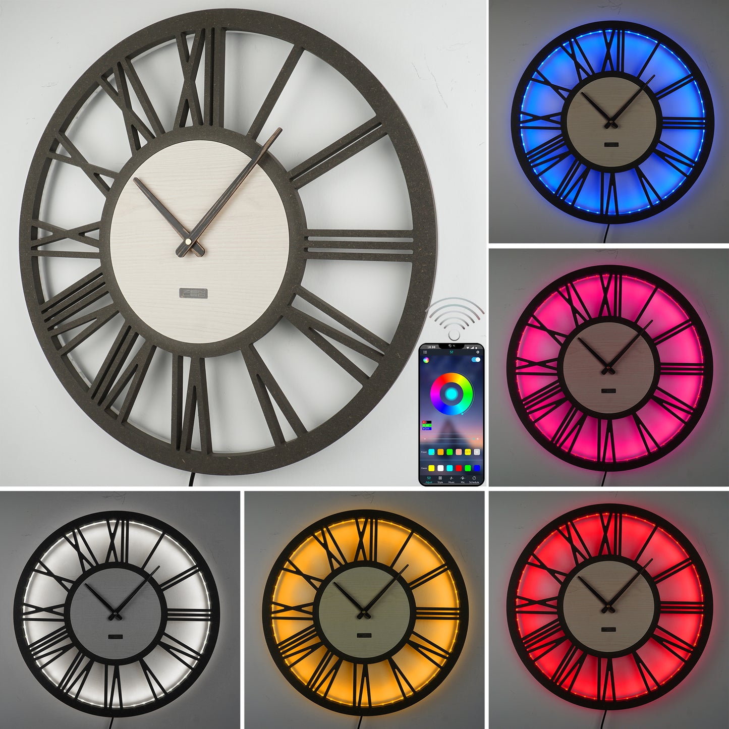 LED Wanduhr ROMA HOLZ | Rund Ø50cm und Ø70cm | großes Zifferblatt mit römischen Zahlen in 3D-Effekt hinterleuchtet | mit bunten RGBs per APP Bluetooth Fernbedienung | lautlos | Steampunk Vintage