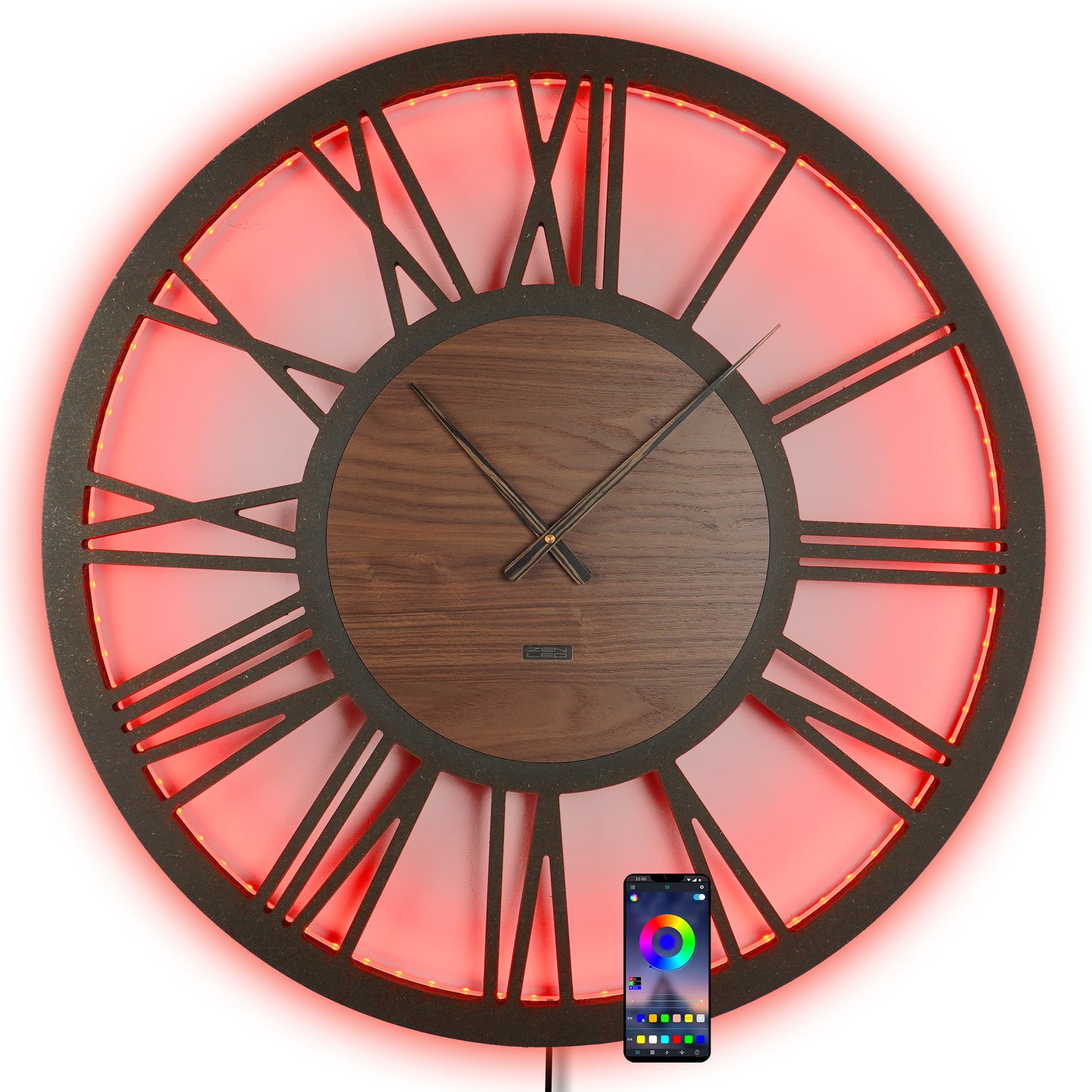 LED Wanduhr ROMA HOLZ | Rund Ø50cm und Ø70cm | großes Zifferblatt mit römischen Zahlen in 3D-Effekt hinterleuchtet | mit bunten RGBs per APP Bluetooth Fernbedienung | lautlos | Steampunk Vintage