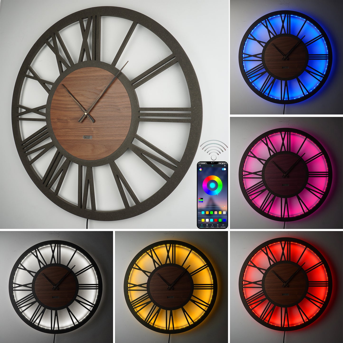 LED Wanduhr ROMA HOLZ | Rund Ø50cm und Ø70cm | großes Zifferblatt mit römischen Zahlen in 3D-Effekt hinterleuchtet | mit bunten RGBs per APP Bluetooth Fernbedienung | lautlos | Steampunk Vintage