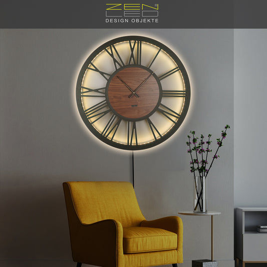 LED Wanduhr ROMA HOLZ | Rund Ø50cm und Ø70cm | großes Zifferblatt mit römischen Zahlen in 3D-Effekt hinterleuchtet | mit bunten RGBs per APP Bluetooth Fernbedienung | lautlos | Steampunk Vintage