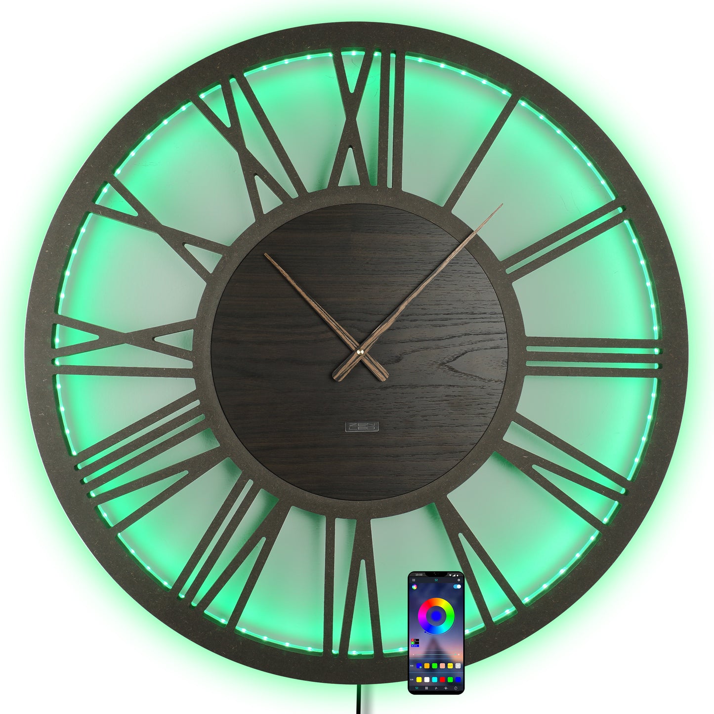 LED Wanduhr ROMA HOLZ | Rund Ø50cm und Ø70cm | großes Zifferblatt mit römischen Zahlen in 3D-Effekt hinterleuchtet | mit bunten RGBs per APP Bluetooth Fernbedienung | lautlos | Steampunk Vintage