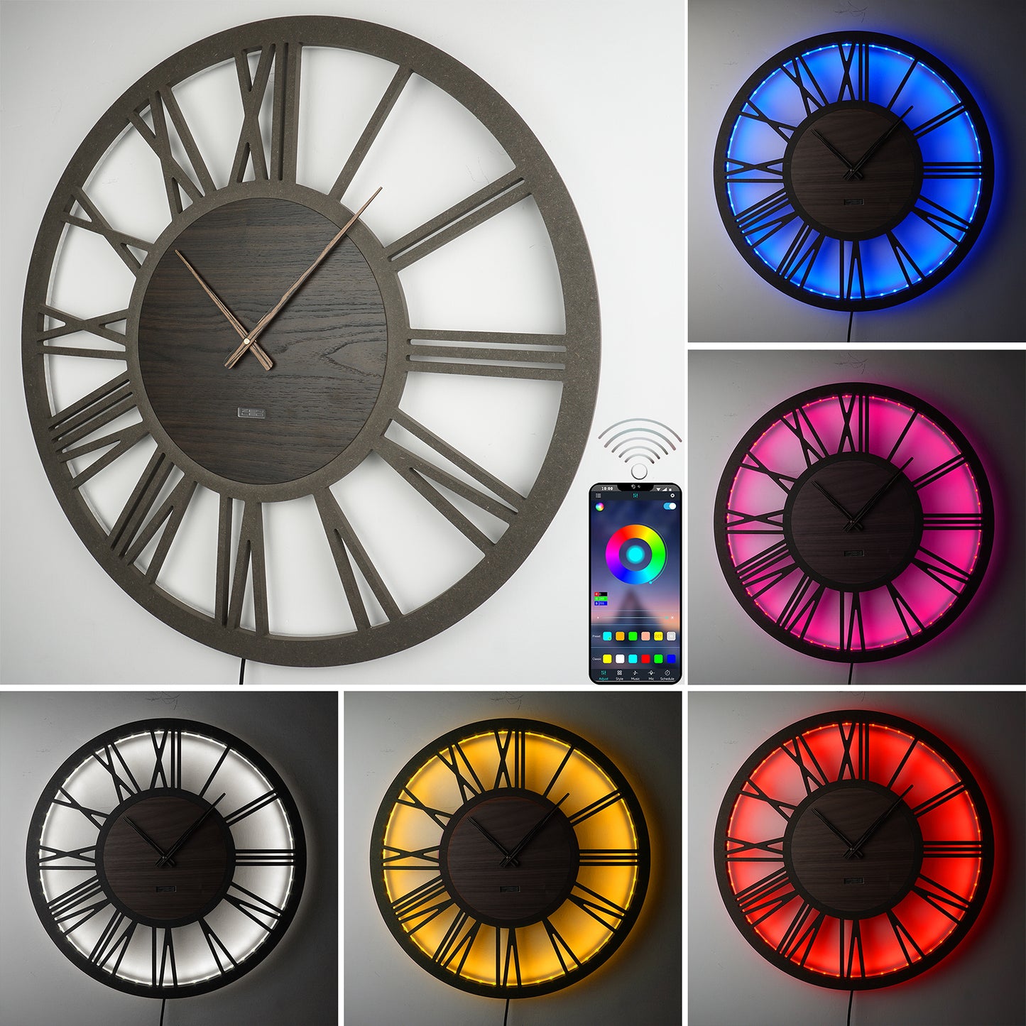 LED Wanduhr ROMA HOLZ | Rund Ø50cm und Ø70cm | großes Zifferblatt mit römischen Zahlen in 3D-Effekt hinterleuchtet | mit bunten RGBs per APP Bluetooth Fernbedienung | lautlos | Steampunk Vintage