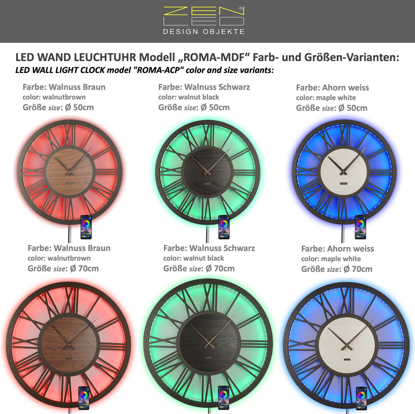 LED Wanduhr ROMA HOLZ | Rund Ø50cm und Ø70cm | großes Zifferblatt mit römischen Zahlen in 3D-Effekt hinterleuchtet | mit bunten RGBs per APP Bluetooth Fernbedienung | lautlos | Steampunk Vintage