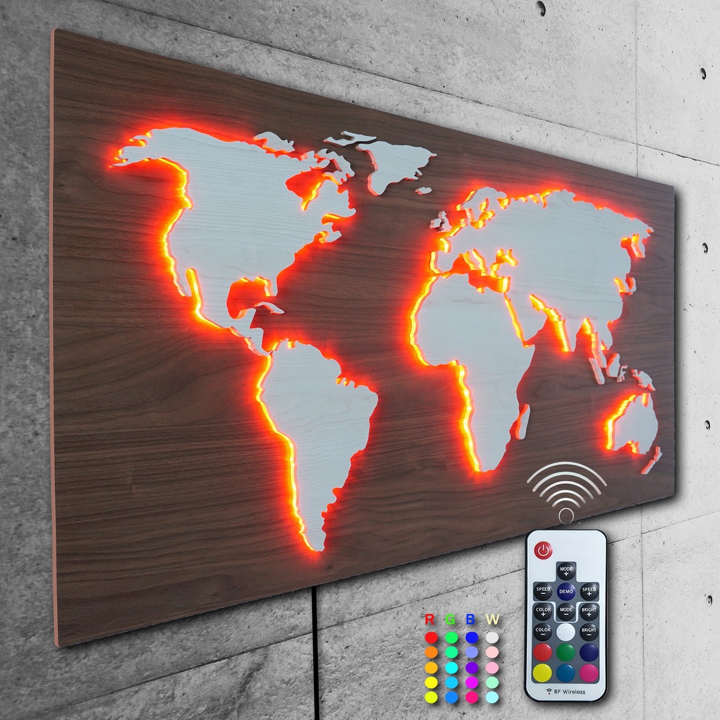 LED Designer LUX Weltkarte MAPPA DEL MONDO | HOLZ-Optik Serie 110x57cm |  Wandobjekt und Leuchtbild mit 3D Effekt | farbige RGB Beleuchtung mit Fernbedienung | Vintage Landhaus Boho Shabby-Chic