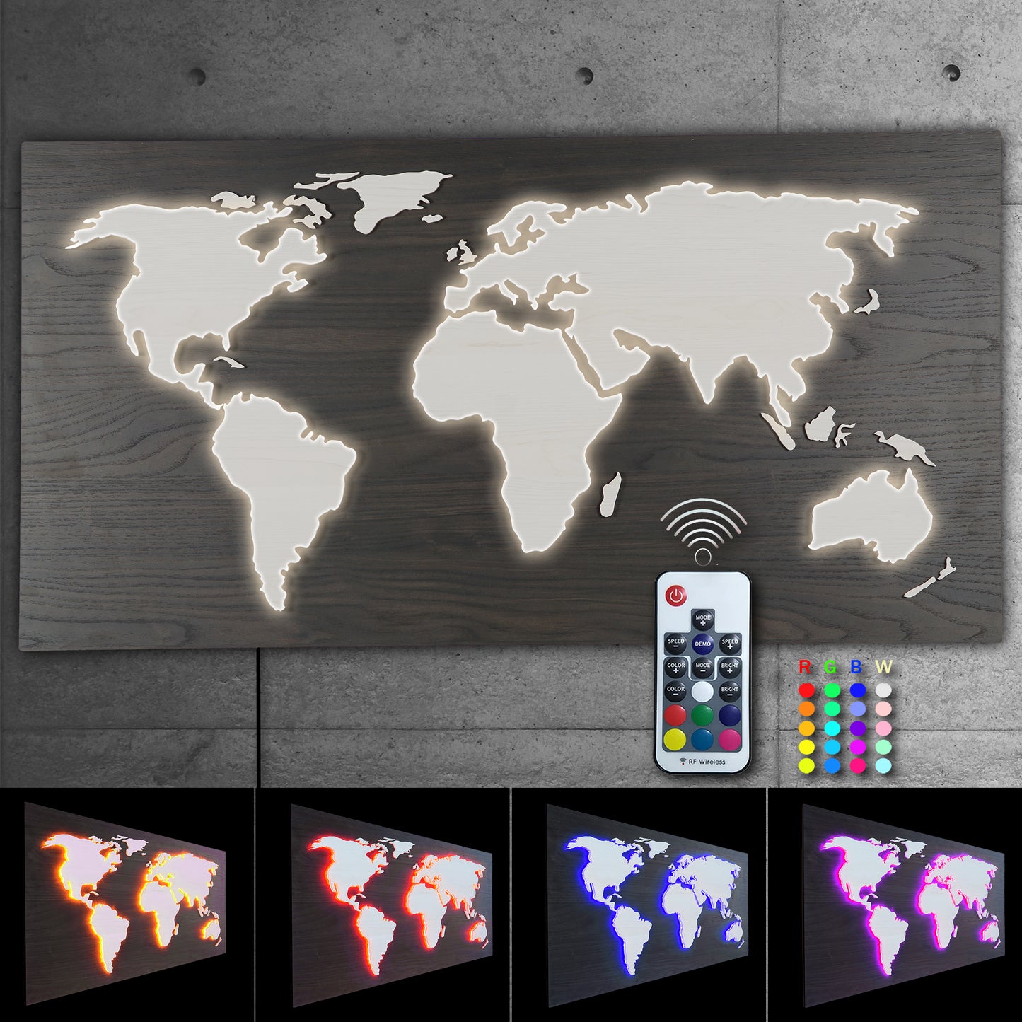 LED Designer LUX Weltkarte MAPPA DEL MONDO | HOLZ-Optik Serie 110x57cm |  Wandobjekt und Leuchtbild mit 3D Effekt | farbige RGB Beleuchtung mit Fernbedienung | Vintage Landhaus Boho Shabby-Chic