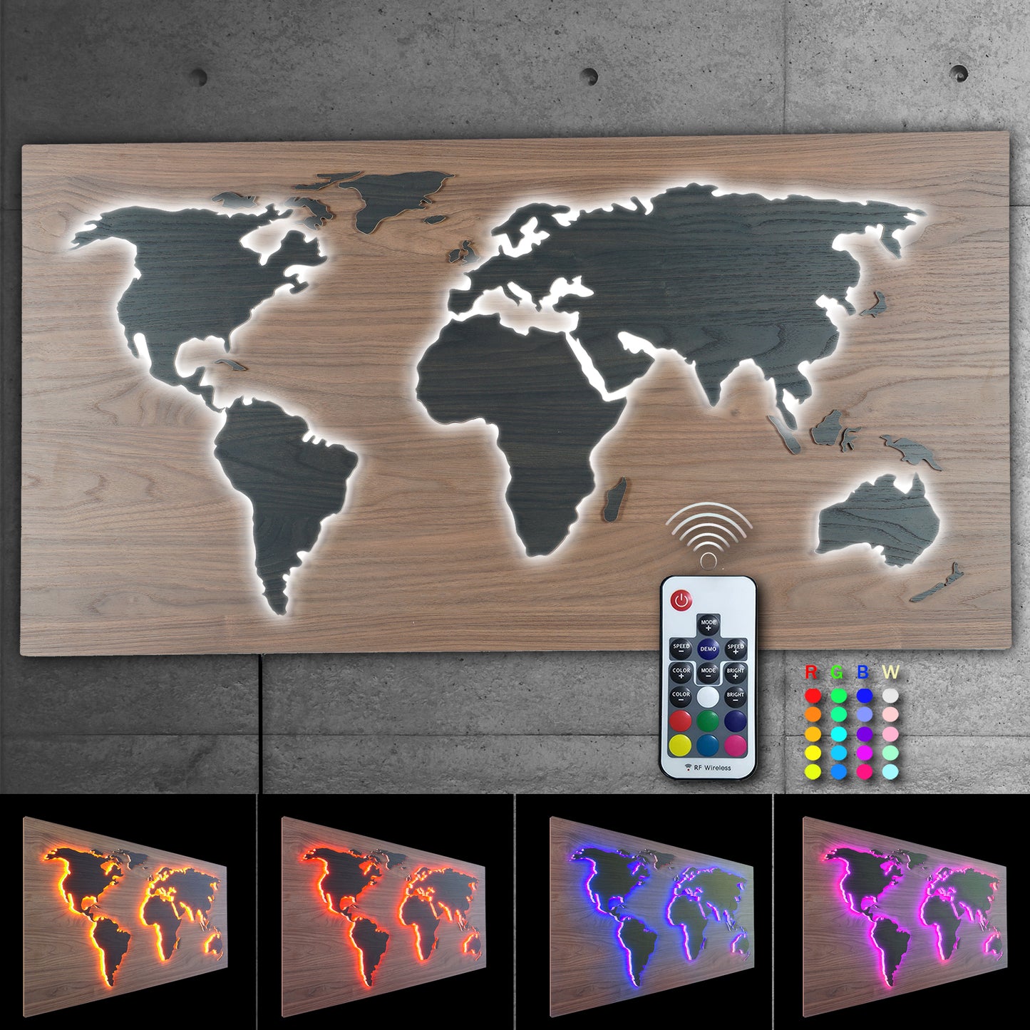 LED Designer LUX Weltkarte MAPPA DEL MONDO | HOLZ-Optik Serie 110x57cm |  Wandobjekt und Leuchtbild mit 3D Effekt | farbige RGB Beleuchtung mit Fernbedienung | Vintage Landhaus Boho Shabby-Chic