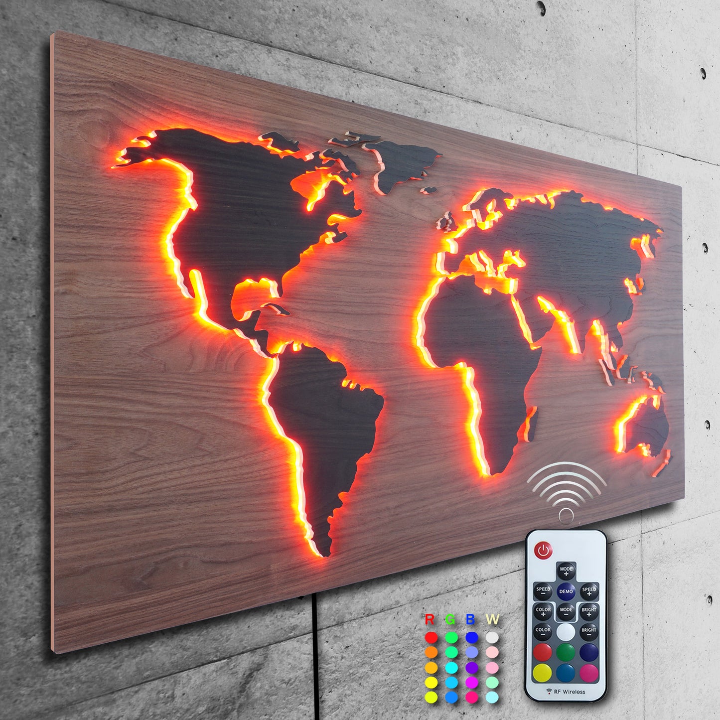 LED Designer LUX Weltkarte MAPPA DEL MONDO | HOLZ-Optik Serie 110x57cm |  Wandobjekt und Leuchtbild mit 3D Effekt | farbige RGB Beleuchtung mit Fernbedienung | Vintage Landhaus Boho Shabby-Chic