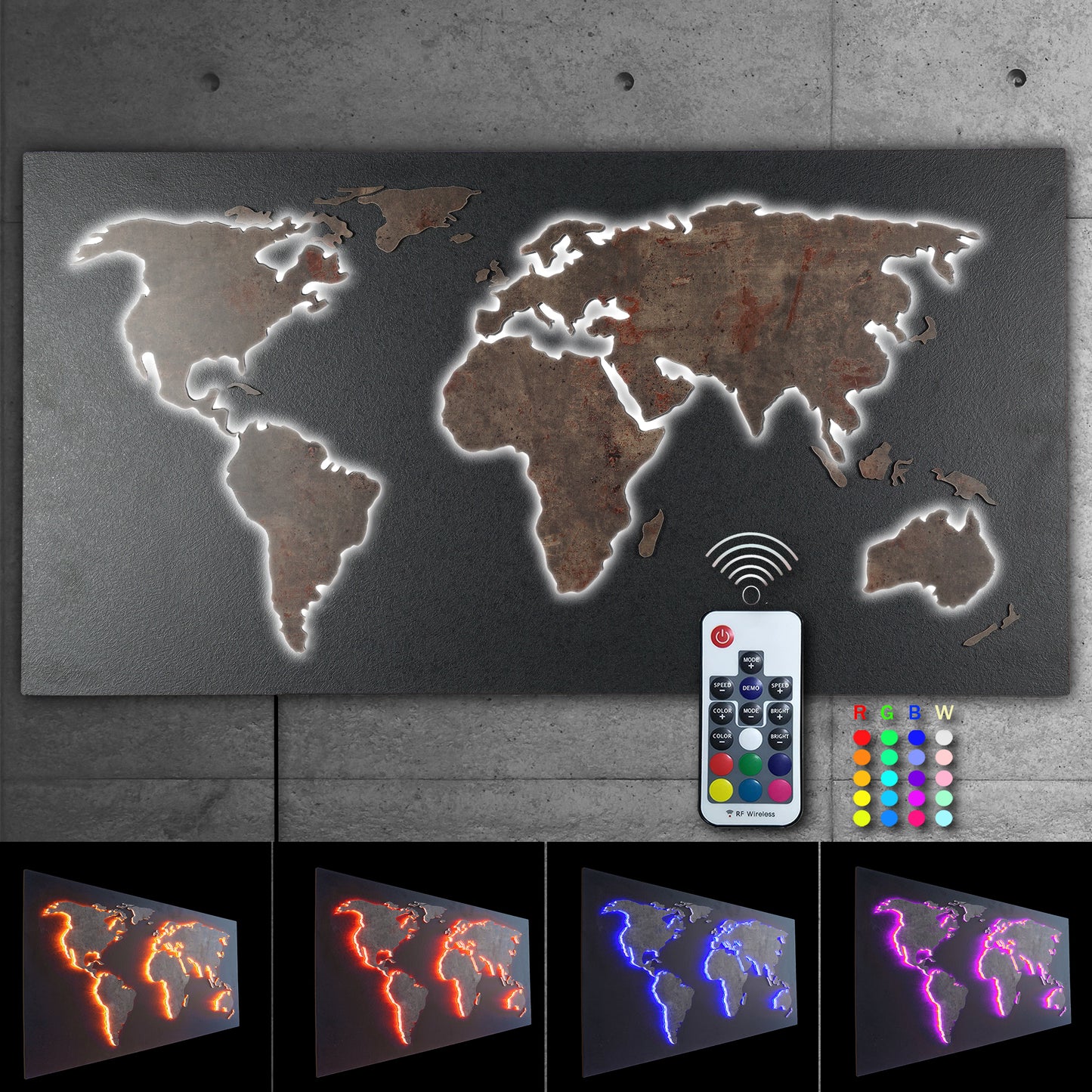 LED Designer LUX Weltkarte MAPPA DEL MONDO | STEIN-Optik Serie 110x57cm | Wanddeko und Leuchtbild mit 3D Effekt |  bunte RGB Beleuchtung mit Fernbedienung | modern industriell Boho City-Chic