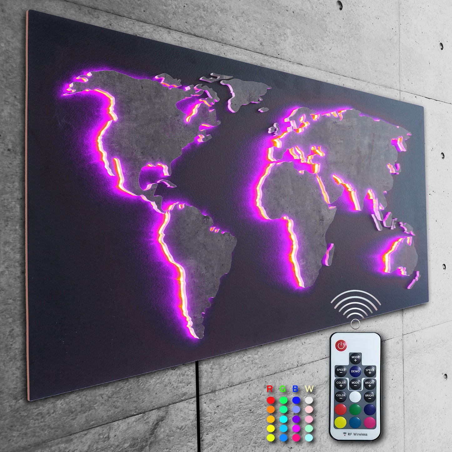 LED Designer LUX Weltkarte MAPPA DEL MONDO | STEIN-Optik Serie 110x57cm | Wanddeko und Leuchtbild mit 3D Effekt |  bunte RGB Beleuchtung mit Fernbedienung | modern industriell Boho City-Chic