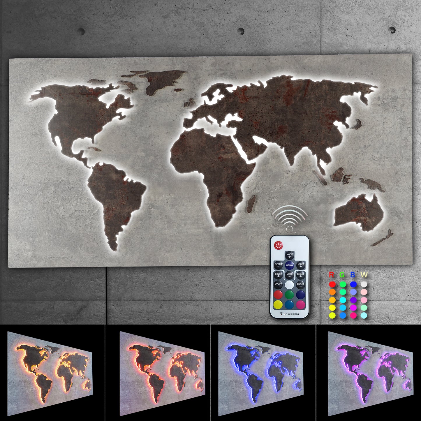 LED Designer LUX Weltkarte MAPPA DEL MONDO | STEIN-Optik Serie 110x57cm | Wanddeko und Leuchtbild mit 3D Effekt |  bunte RGB Beleuchtung mit Fernbedienung | modern industriell Boho City-Chic