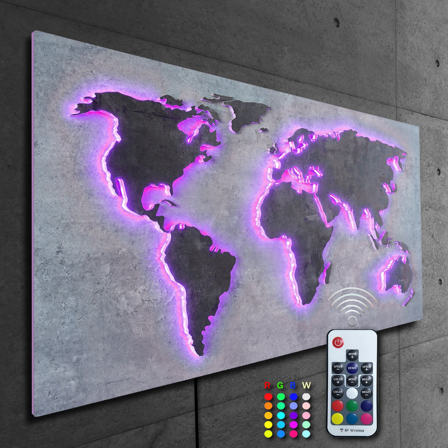 LED Designer LUX Weltkarte MAPPA DEL MONDO | STEIN-Optik Serie 110x57cm | Wanddeko und Leuchtbild mit 3D Effekt |  bunte RGB Beleuchtung mit Fernbedienung | modern industriell Boho City-Chic