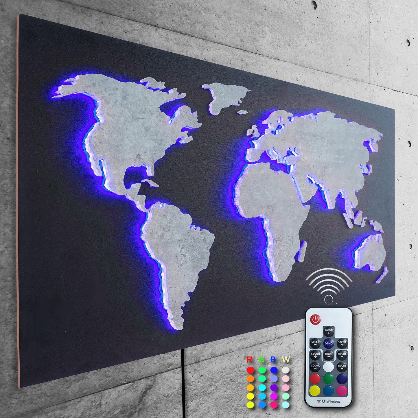 LED Designer LUX Weltkarte MAPPA DEL MONDO | STEIN-Optik Serie 110x57cm | Wanddeko und Leuchtbild mit 3D Effekt |  bunte RGB Beleuchtung mit Fernbedienung | modern industriell Boho City-Chic