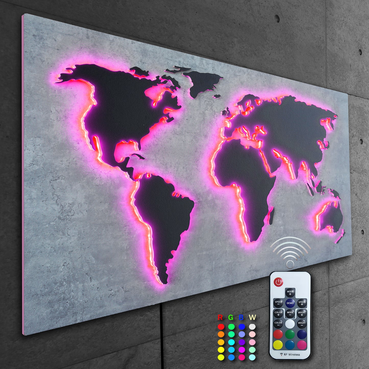 LED Designer LUX Weltkarte MAPPA DEL MONDO | STEIN-Optik Serie 110x57cm | Wanddeko und Leuchtbild mit 3D Effekt |  bunte RGB Beleuchtung mit Fernbedienung | modern industriell Boho City-Chic